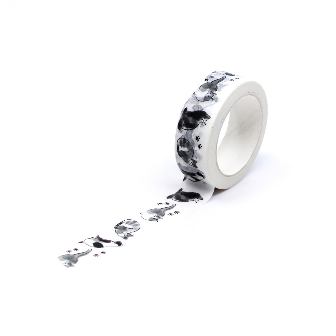 Black & White Sumi Cat Washi Tape with minimalist black cat illustrations in traditional ink art style on a white background, ideal for adding elegance and artistic flair to planners, journals, and crafts.