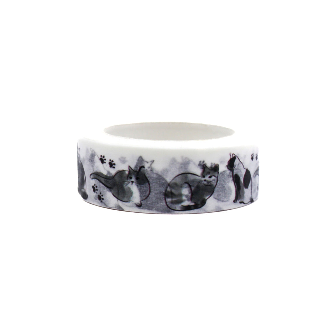 Black & White Sumi Cat Washi Tape with minimalist black cat illustrations in traditional ink art style on a white background, ideal for adding elegance and artistic flair to planners, journals, and crafts.
