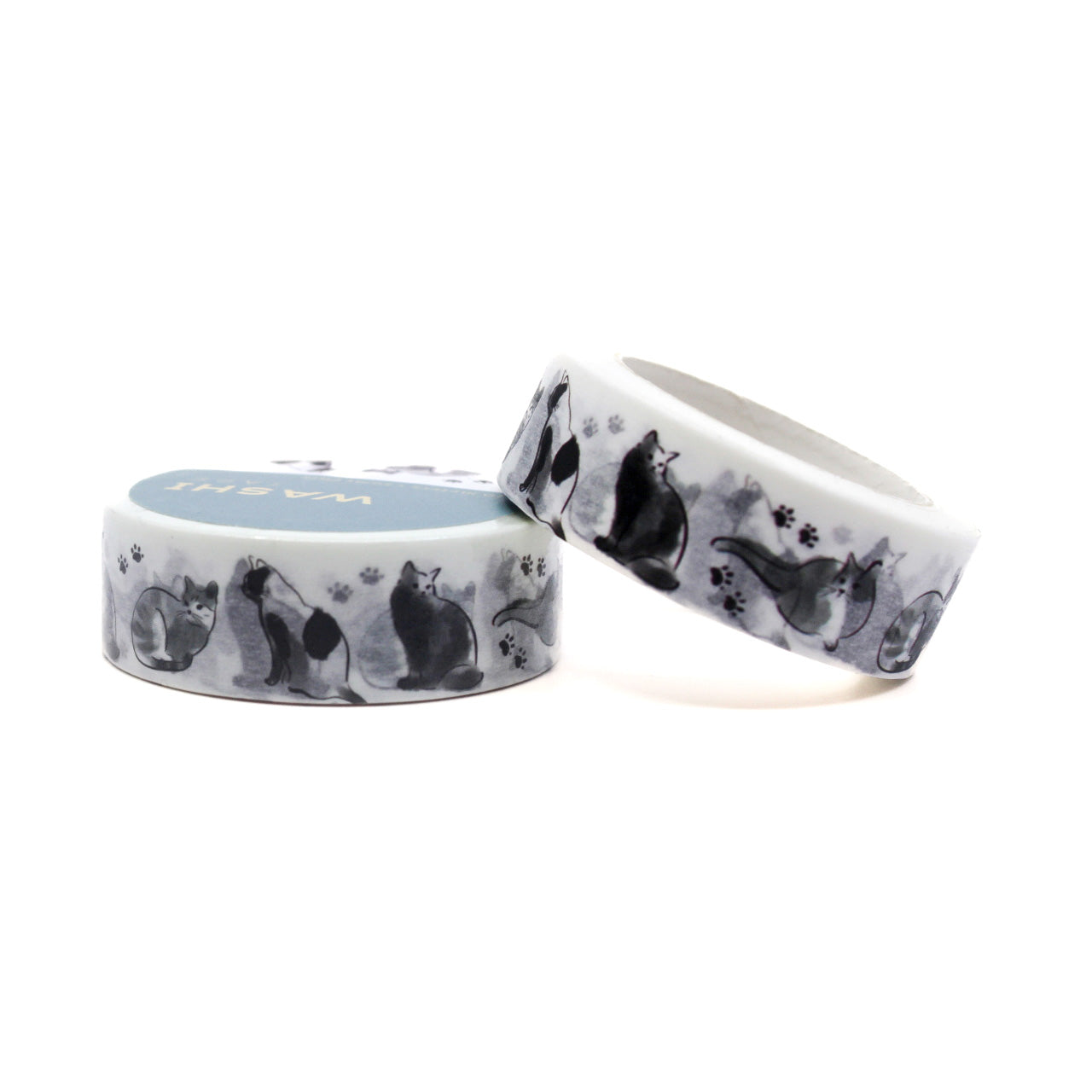 Black & White Sumi Cat Washi Tape with minimalist black cat illustrations in traditional ink art style on a white background, ideal for adding elegance and artistic flair to planners, journals, and crafts.