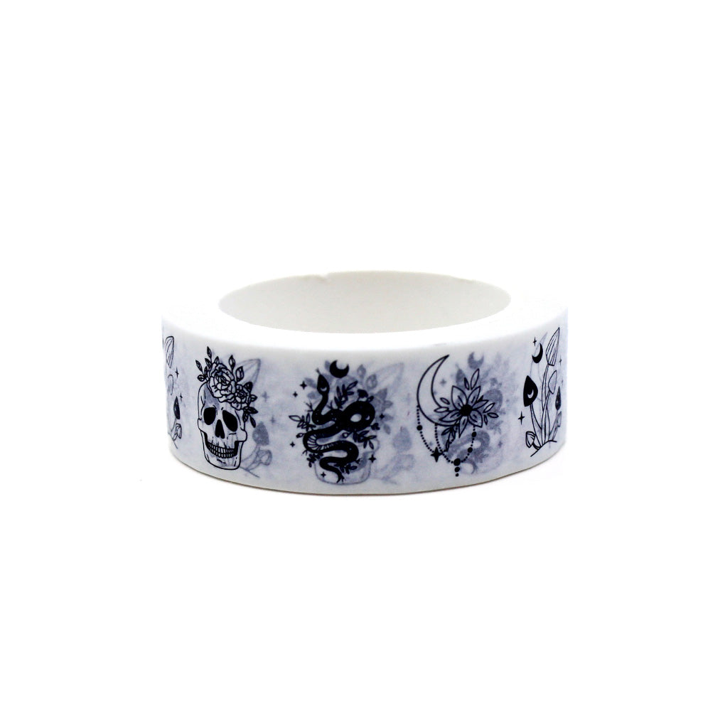 Floral and Skull Washi Tape, a unique design with colorful flowers and intricately detailed skulls, a blend of nature and the macabre. This tape is sold at BBB Supplies Craft Shop.