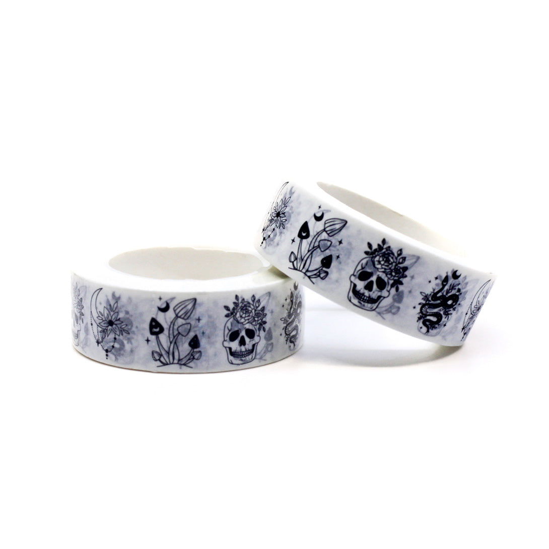 Floral and Skull Washi Tape, a unique design with colorful flowers and intricately detailed skulls, a blend of nature and the macabre. This tape is sold at BBB Supplies Craft Shop.