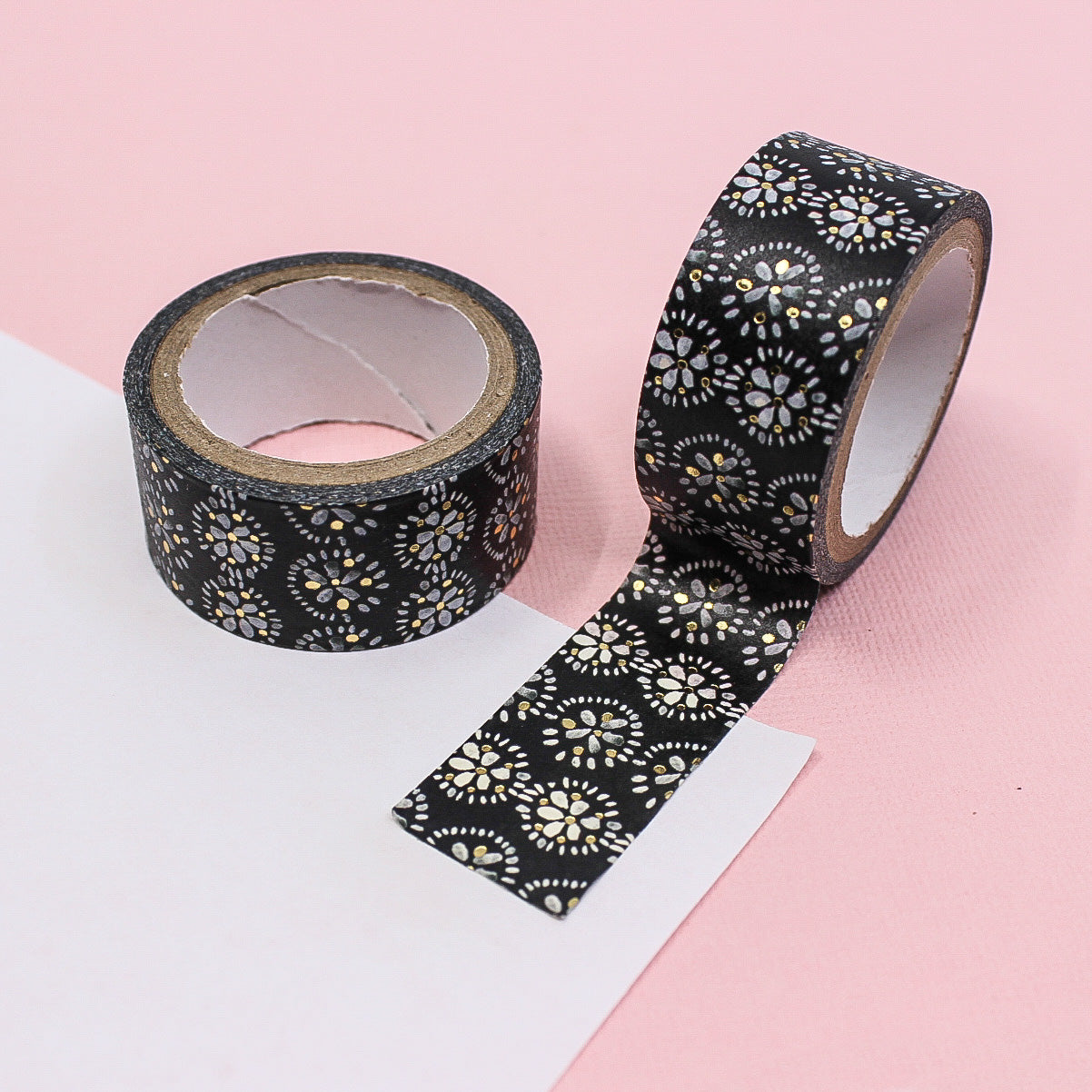 The intricate geometric flower pattern in gold foil adds a touch of sophistication and elegance to any project. Perfect for scrapbooking, card making, or adding a decorative touch to gifts and journals. This tape is sold at BBB Supplies Craft Shop.