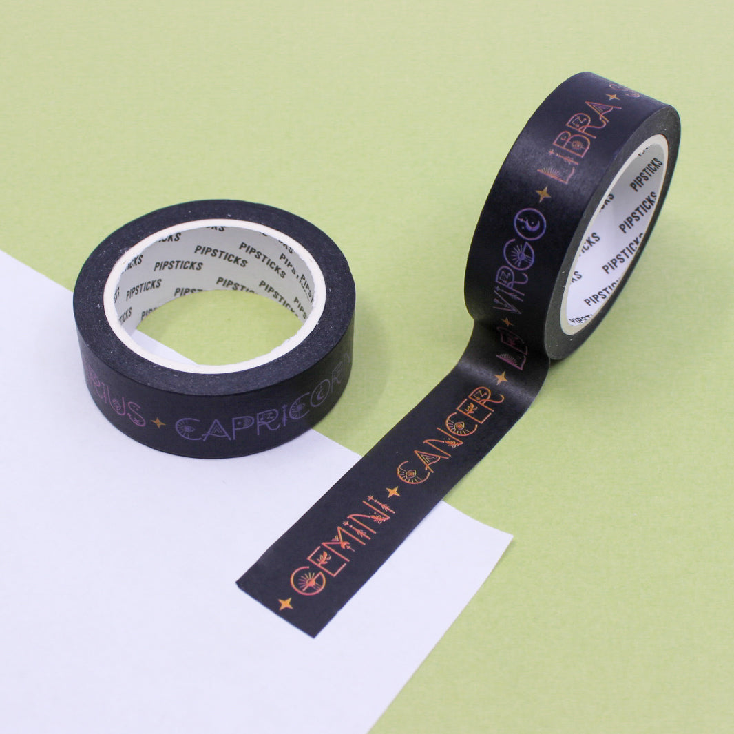 Explore the mysteries of the zodiac with our Black Path Zodiac Washi Tape, featuring the twelve zodiac signs in a bold black design. Ideal for adding an enigmatic and celestial touch to your projects. This tape from Pipsticks and sold at BBB Supplies Craft Shop.