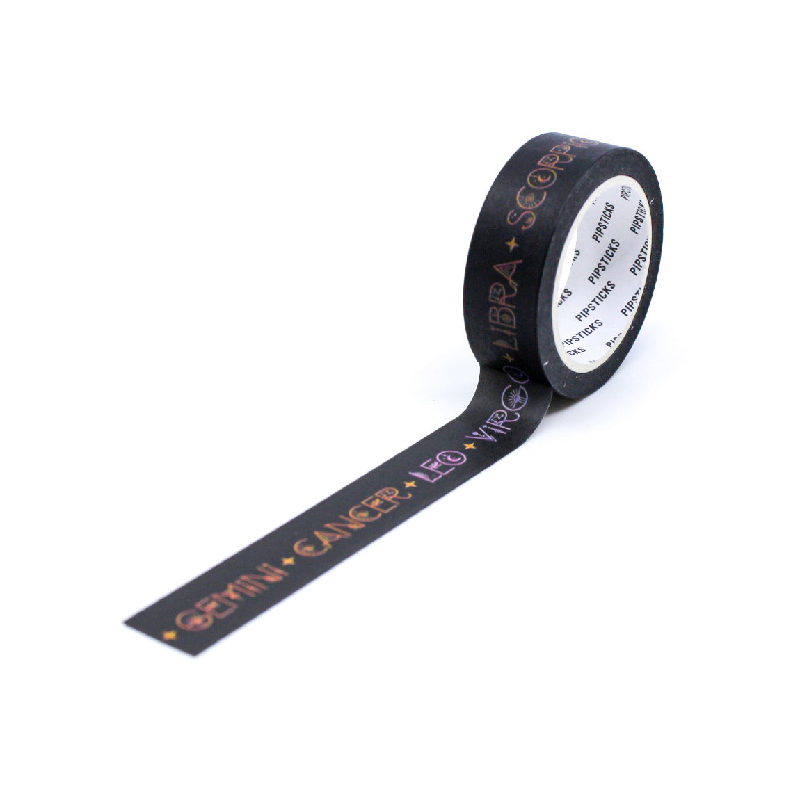 Explore the mysteries of the zodiac with our Black Path Zodiac Washi Tape, featuring the twelve zodiac signs in a bold black design. Ideal for adding an enigmatic and celestial touch to your projects. This tape from Pipsticks and sold at BBB Supplies Craft Shop.