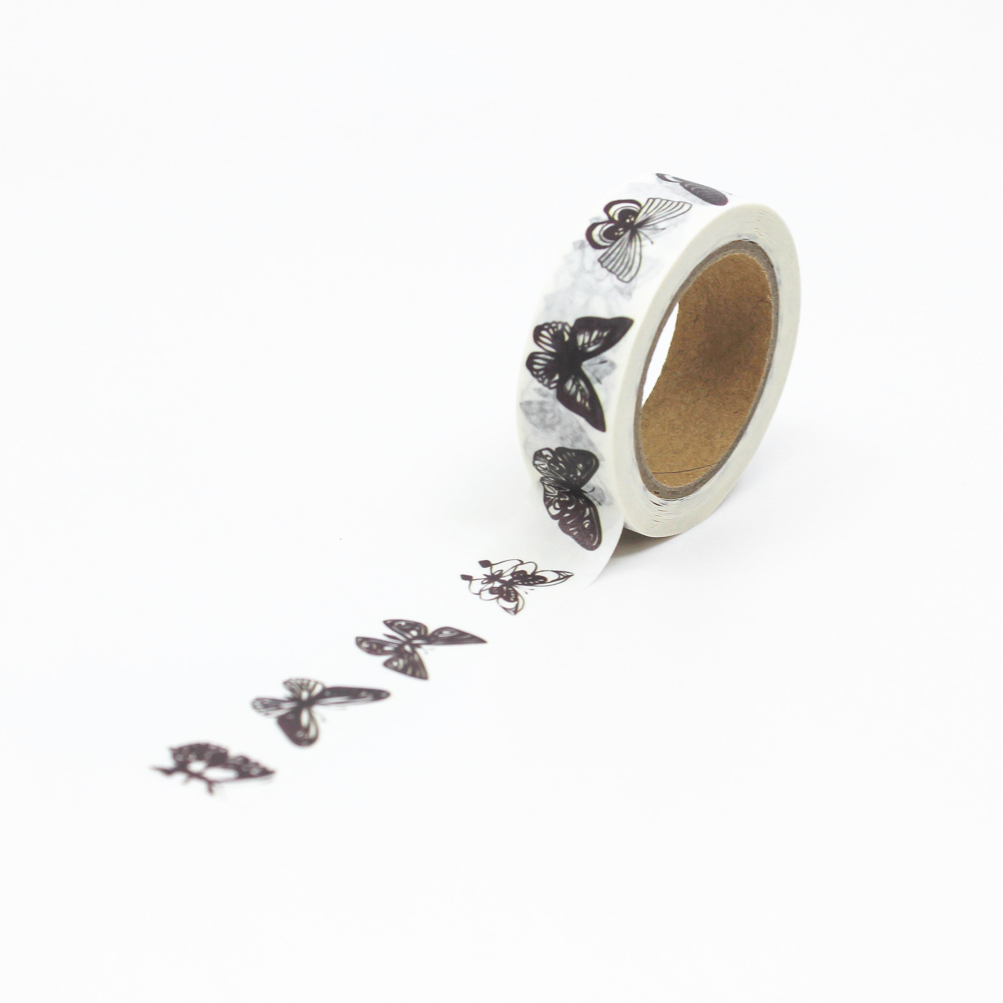 Enhance your crafts with our elegant black and white butterfly washi tape, featuring delicate and minimalist butterfly designs for a touch of simplicity and sophistication. This tape is sold at BBB Supplies Craft Shop.