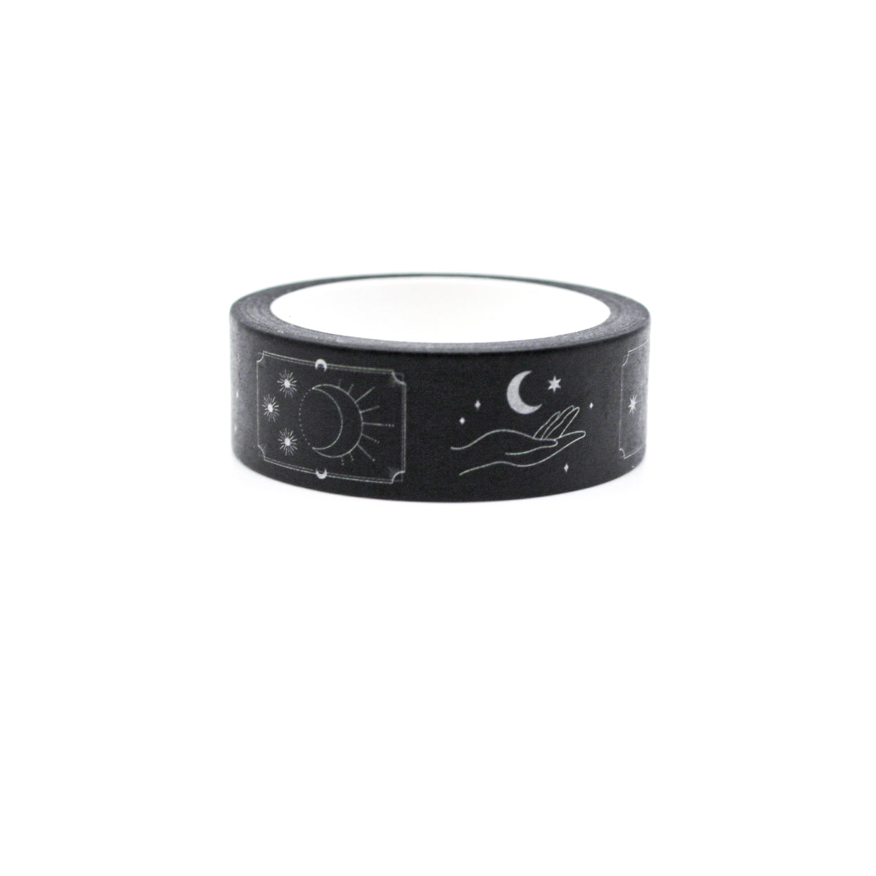 Captivating black celestial and mystical symbol washi tape featuring suns, moons, stars, and moths. Elegant black washi tape adorned with celestial and mystical symbols including suns, moons, stars, and delicate moths. Sold at BBB Supplies Craft Shop