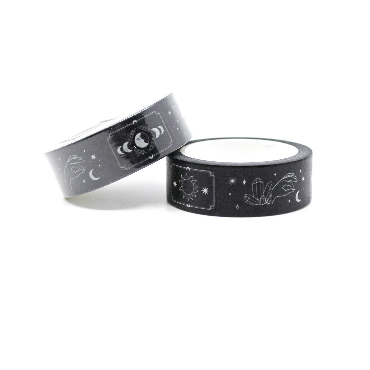 Captivating black celestial and mystical symbol washi tape featuring suns, moons, stars, and moths. Elegant black washi tape adorned with celestial and mystical symbols including suns, moons, stars, and delicate moths. Sold at BBB Supplies Craft Shop