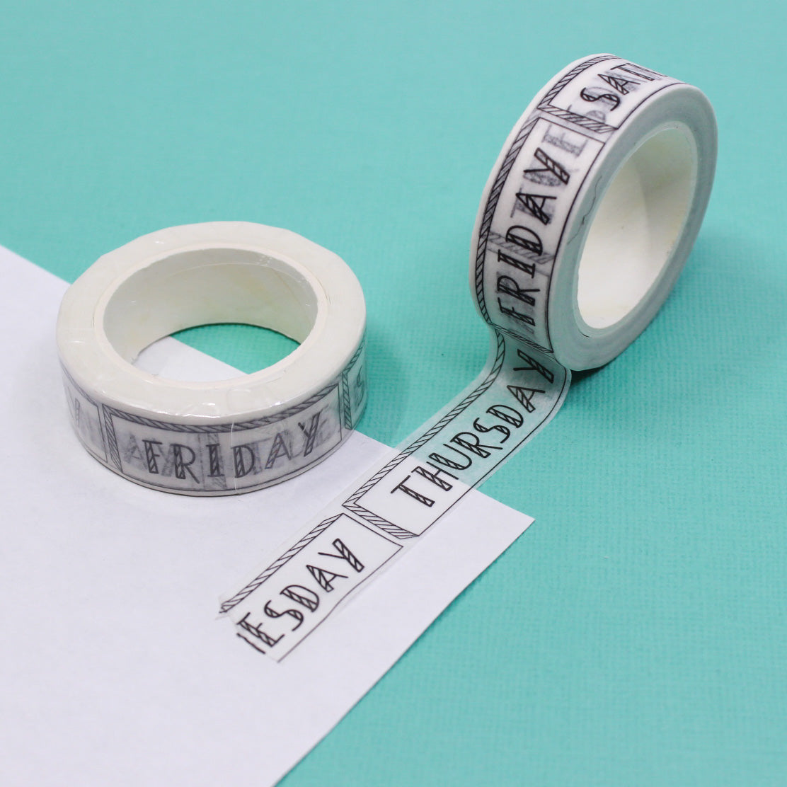 Stay organized with our Bold Black and White Days of the Week Washi Tape, featuring clear and striking text. Ideal for adding a crisp and functional touch to your planner or calendar. This tape is sold at BBB Supplies Craft Shop.