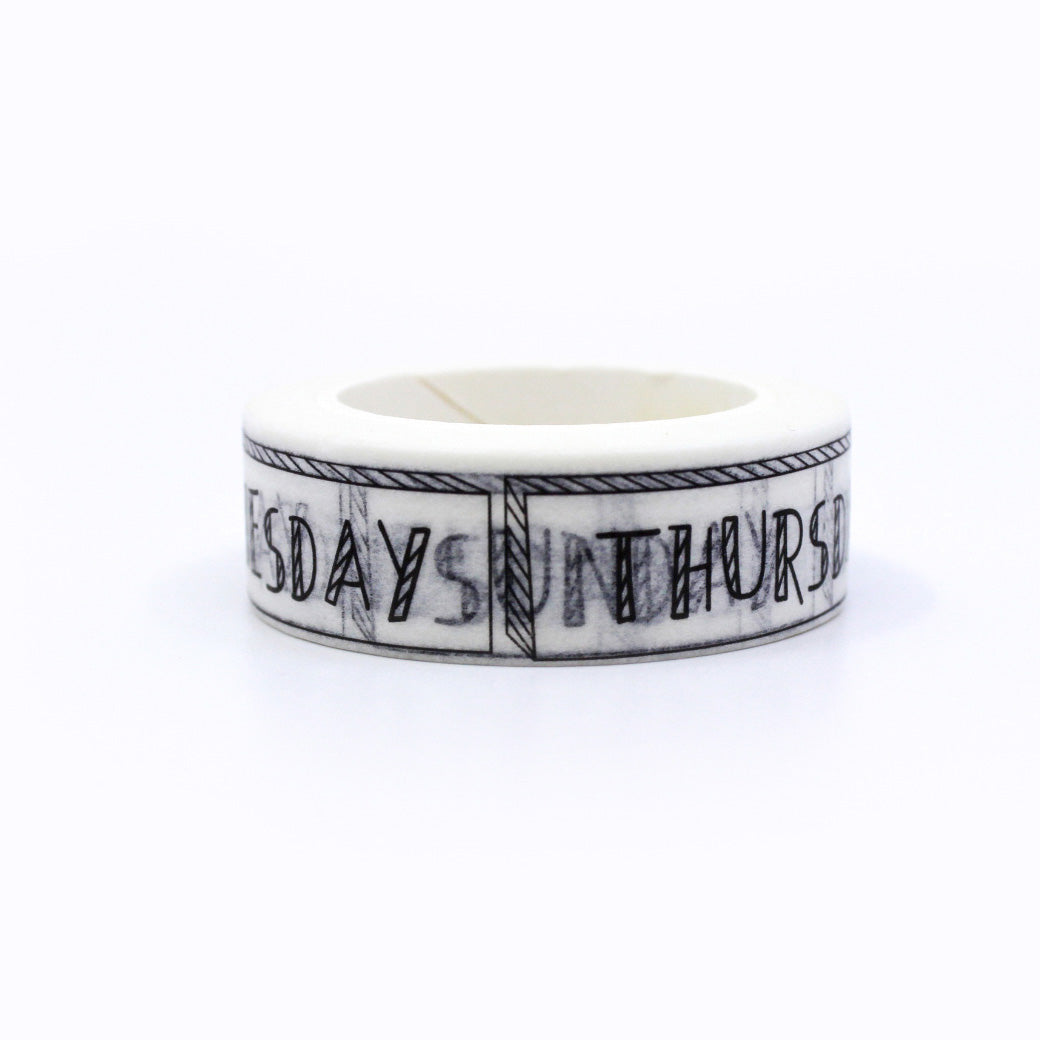 Stay organized with our Bold Black and White Days of the Week Washi Tape, featuring clear and striking text. Ideal for adding a crisp and functional touch to your planner or calendar. This tape is sold at BBB Supplies Craft Shop.