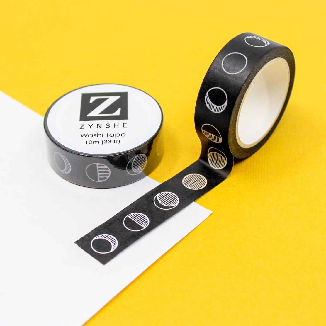 "Captivating black and white moon phase washi tape for planners and crafts. This tape is available at BBB Supplies Craft Shop.