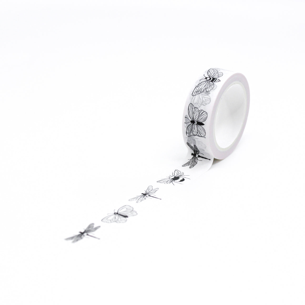 Captivating black and white insect design washi tape featuring moths, butterflies, and dragonflies. Let your creativity take flight as you embrace the allure of these enchanting insects. This tape is sold at BBB Supplies Craft Shop.