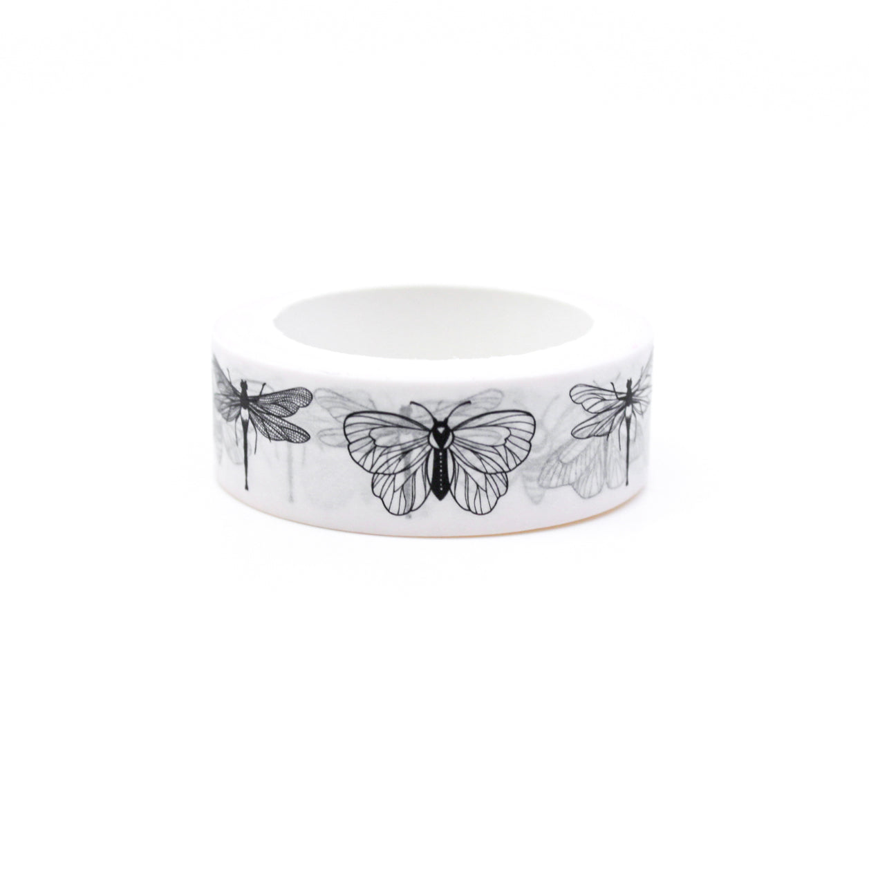 Captivating black and white insect design washi tape featuring moths, butterflies, and dragonflies. Let your creativity take flight as you embrace the allure of these enchanting insects. This tape is sold at BBB Supplies Craft Shop.