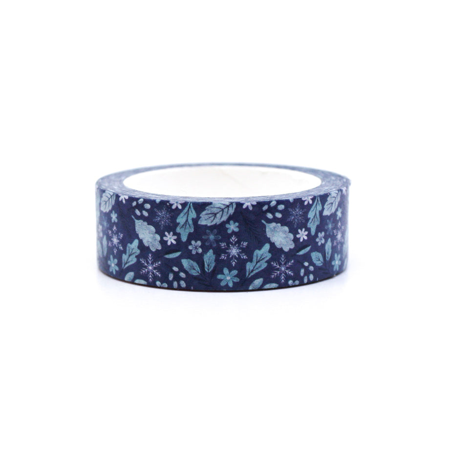 Blue Winter Leaves and Snowflakes Washi Tape featuring delicate leaf and snowflake patterns, ideal for adding a wintry touch to your holiday creations. This tape is from Penpaling Paula and sold at BBB Supplies Craft Shop.