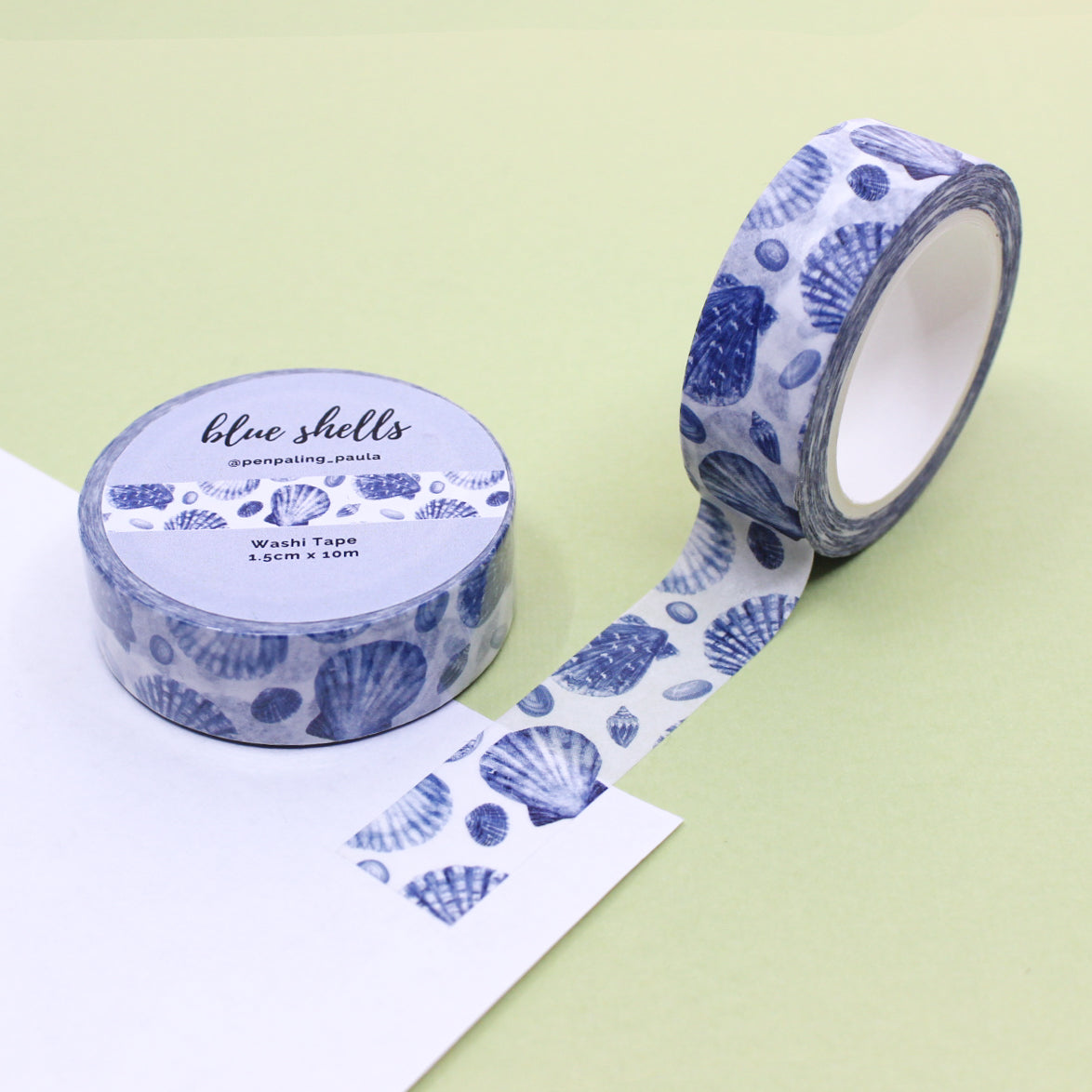 "Blue Seashells Washi" features delicate seashell patterns in shades of blue, perfect for adding a coastal touch to your journals, planners, and crafts.