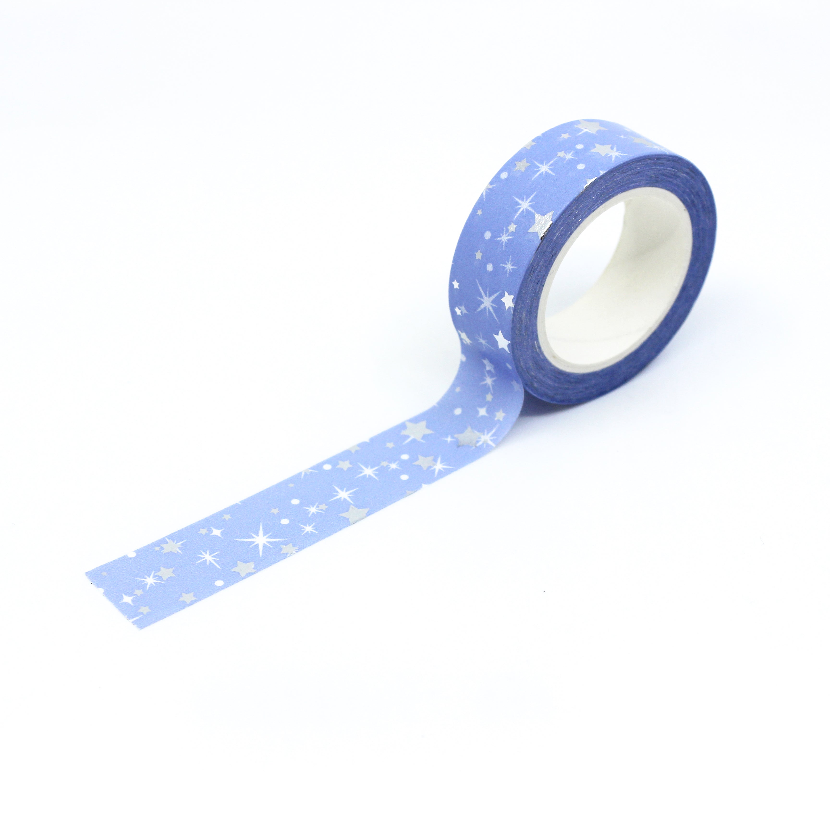 Elevate your crafts with our Blue Silver Foil Stars Washi Tape, featuring a celestial design with shimmering silver foil stars against a rich blue background. Ideal for adding a touch of cosmic elegance to your projects. This tape is sold at BBB Supplies Craft Shop.
