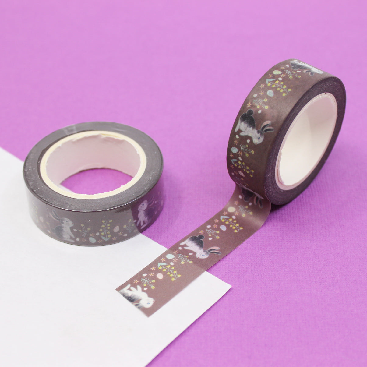 Brown Bunnies with Easter Eggs Washi Tape: Add a touch of whimsy to your Easter crafts with this delightful washi tape featuring cute brown bunnies surrounded by colorful Easter eggs, perfect for decorating cards, scrapbooks, and more. This tape is sold at BBB Supplies Craft Shop.
