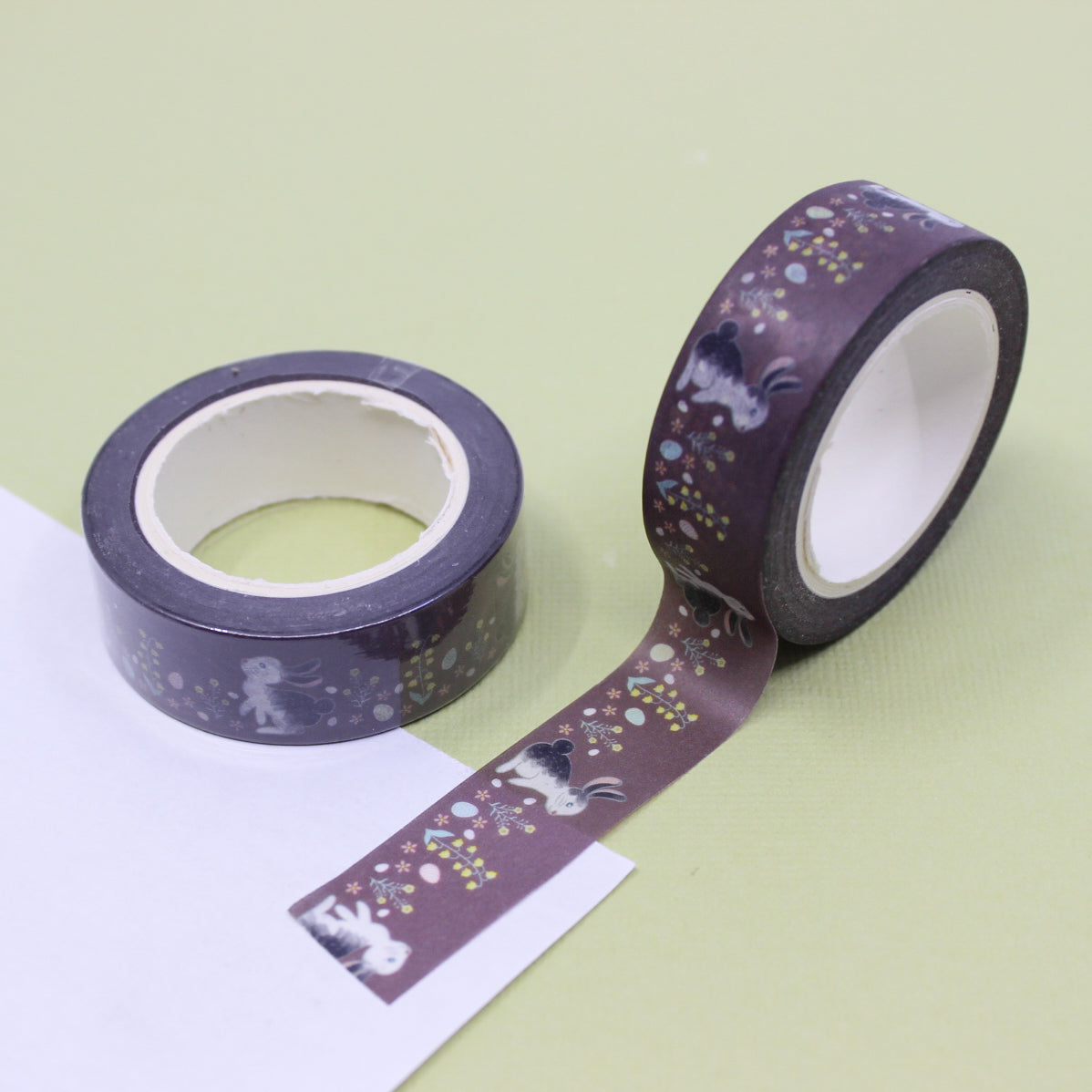 Brown Bunnies with Easter Eggs Washi Tape: Add a touch of whimsy to your Easter crafts with this delightful washi tape featuring cute brown bunnies surrounded by colorful Easter eggs, perfect for decorating cards, scrapbooks, and more. This tape is sold at BBB Supplies Craft Shop.