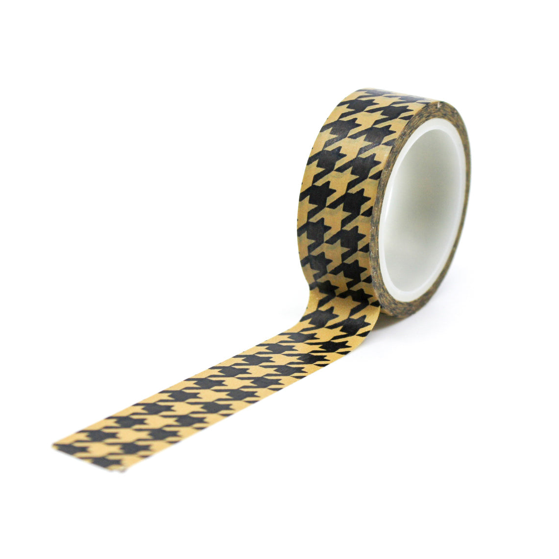 A close-up photo of Warm Brown Houndstooth Pattern Washi Tape. The tape features a classic houndstooth design in warm brown tones. The intricate pattern creates a sense of refined elegance, making it a versatile choice for various creative projects. This tape is sold exclusively at BBB Supplies Craft Shop.