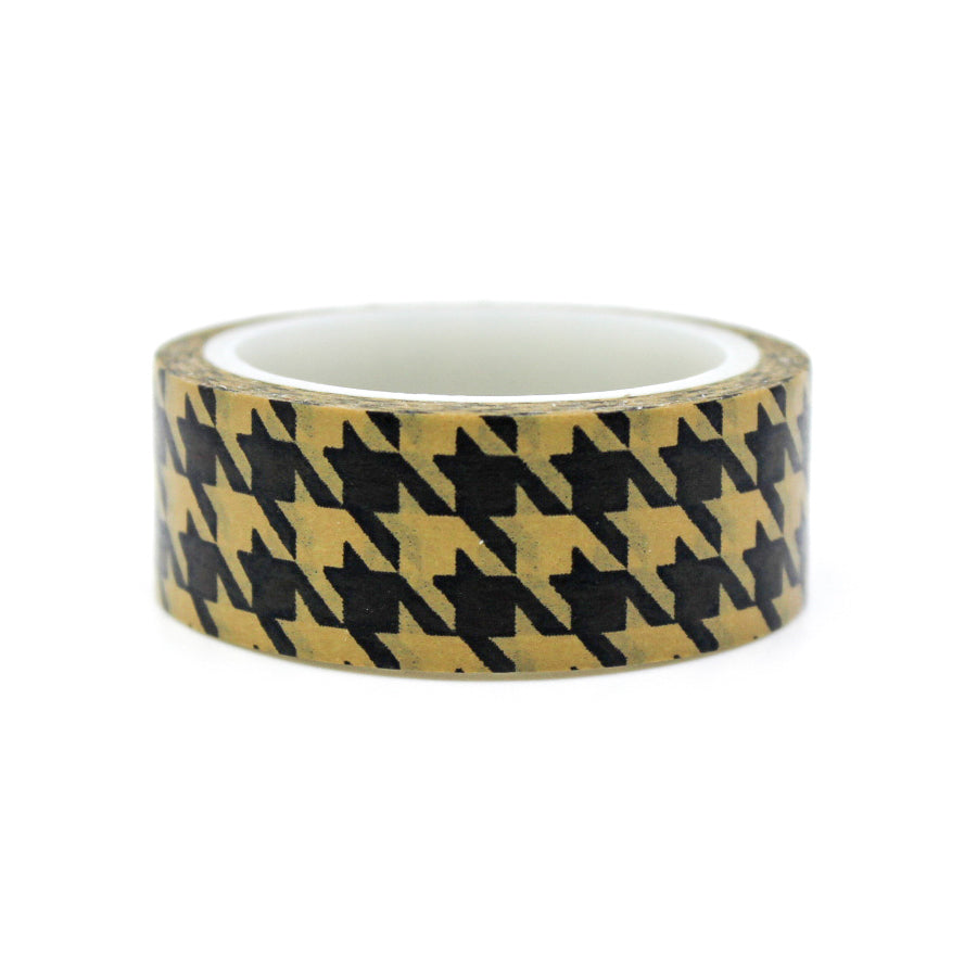 A close-up photo of Warm Brown Houndstooth Pattern Washi Tape. The tape features a classic houndstooth design in warm brown tones. The intricate pattern creates a sense of refined elegance, making it a versatile choice for various creative projects. This tape is sold exclusively at BBB Supplies Craft Shop.