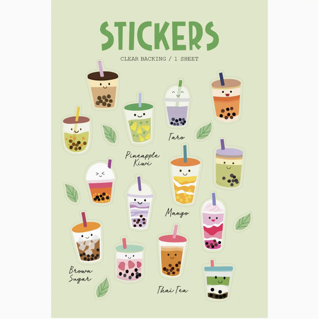 Colorful bubble tea sticker sheet with cute boba cups and tapioca pearls