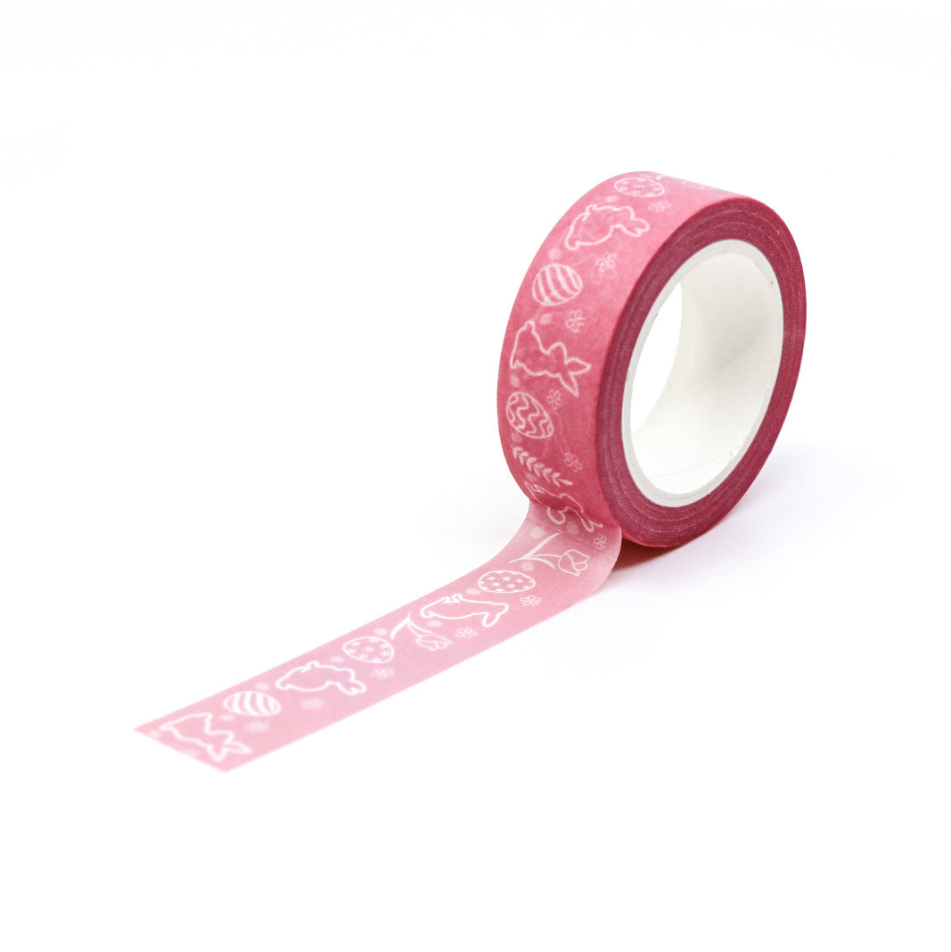 This charming tape features playful bunnies and colorful Easter eggs on a pink background, adding a delightful touch to your Easter crafts and decorations. Perfect for scrapbooking, card-making, and other creative projects. This tape is sold at BBB Supplies Craft Shop.