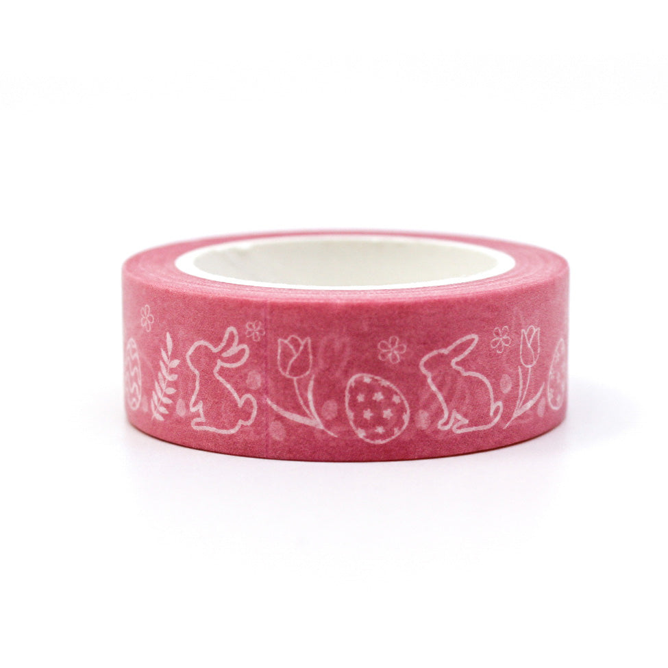 This charming tape features playful bunnies and colorful Easter eggs on a pink background, adding a delightful touch to your Easter crafts and decorations. Perfect for scrapbooking, card-making, and other creative projects. This tape is sold at BBB Supplies Craft Shop.