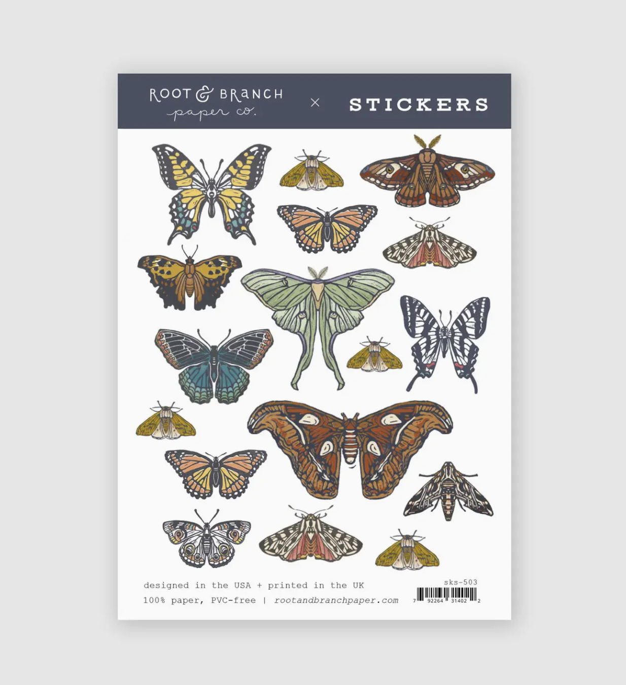 Butterfly and Moth Sticker sheets featuring woodland animals, greenery, mushrooms, and nature-themed illustrations perfect for journals, planners, and crafting.
