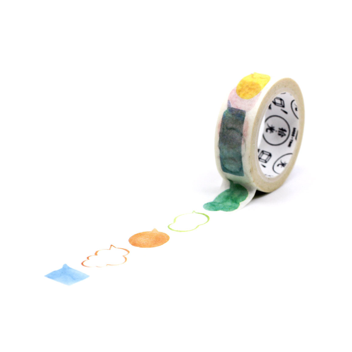 Close-up of washi tape featuring yellow, blue, green, and pink watercolor accents.