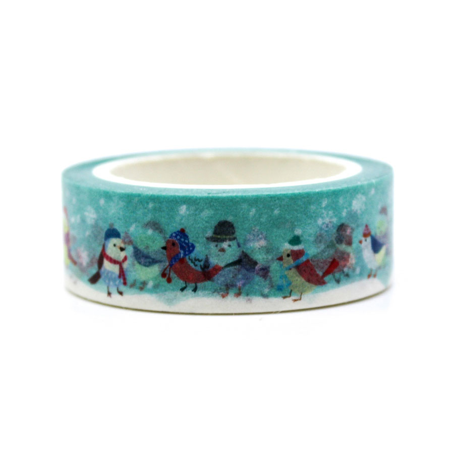 Holiday Caroling Birds Washi Tape featuring cute birds in hats and scarves singing in a snowy scene, perfect for adding a festive, whimsical touch to planners, scrapbooks, and holiday crafts.