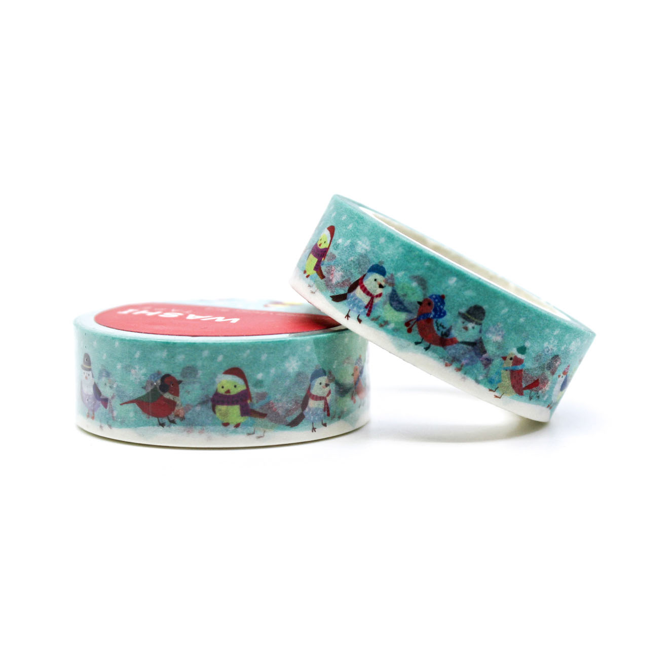 Holiday Caroling Birds Washi Tape featuring cute birds in hats and scarves singing in a snowy scene, perfect for adding a festive, whimsical touch to planners, scrapbooks, and holiday crafts.