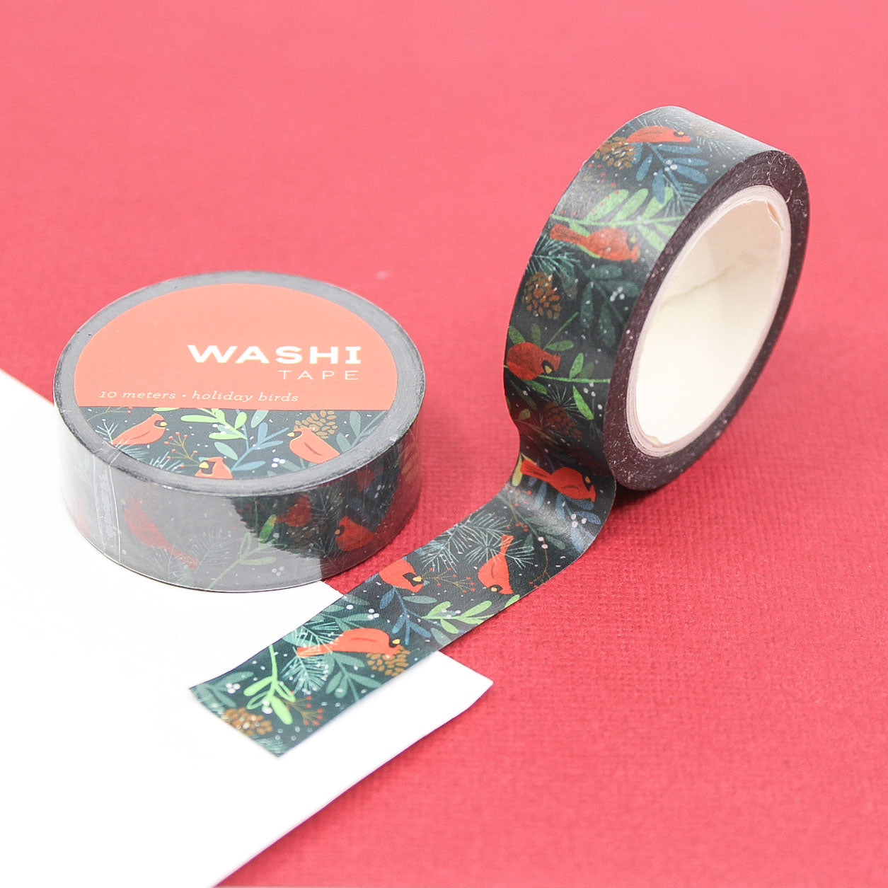Holiday Cardinal Birds Washi Tape featuring red cardinals perched on snowy branches, perfect for adding an elegant and festive touch to holiday crafts, planners, and gift wrapping.