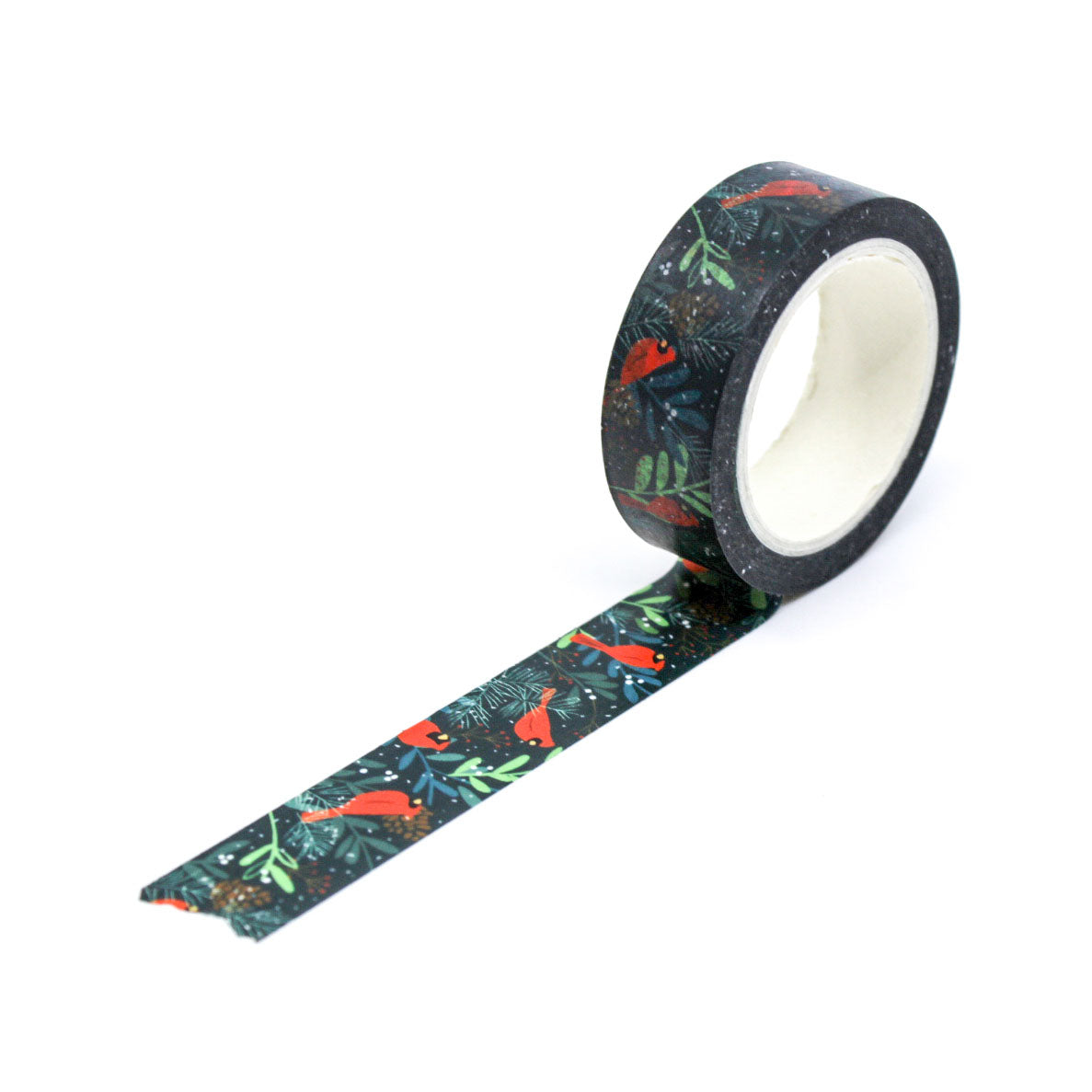 Holiday Cardinal Birds Washi Tape featuring red cardinals perched on snowy branches, perfect for adding an elegant and festive touch to holiday crafts, planners, and gift wrapping.