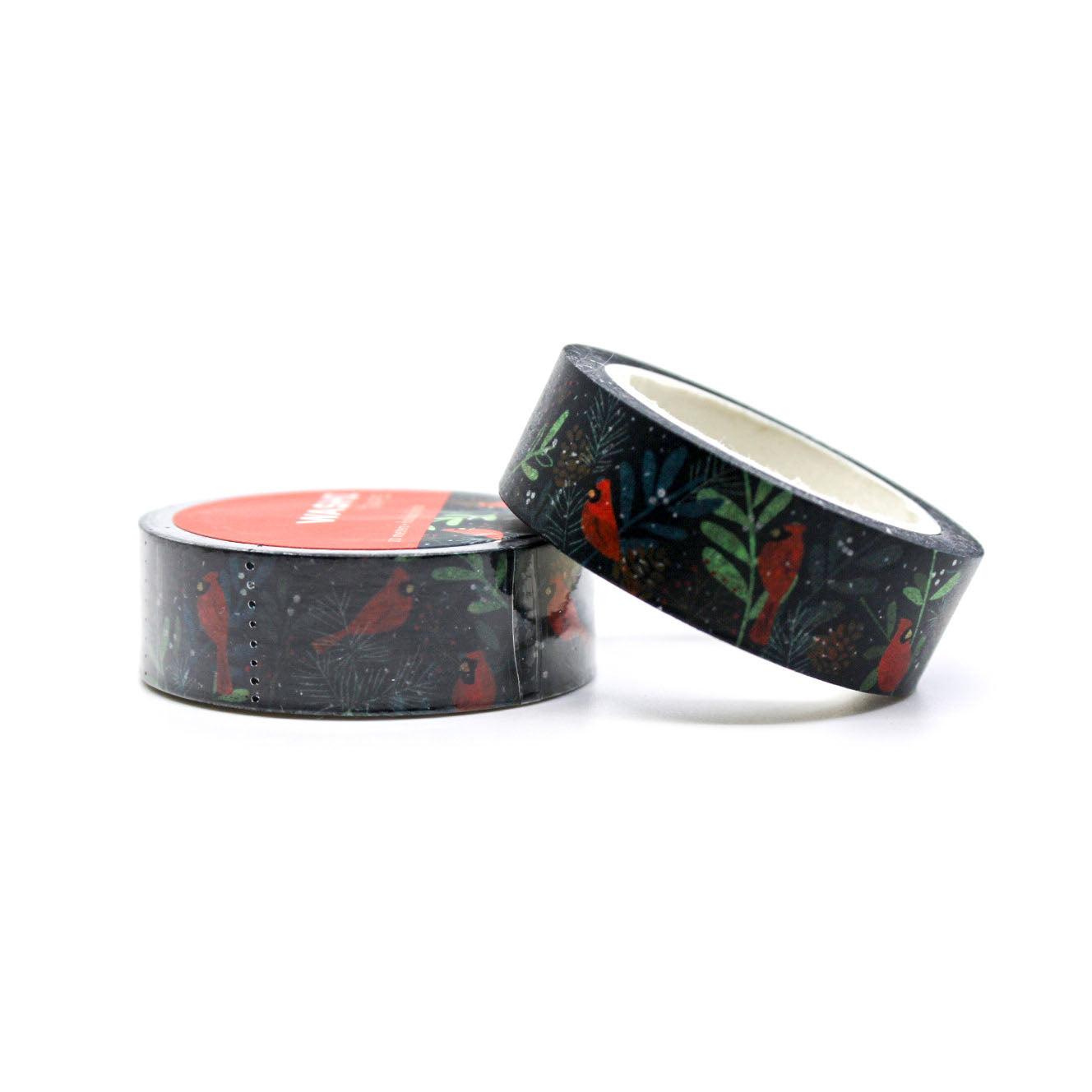 Holiday Cardinal Birds Washi Tape featuring red cardinals perched on snowy branches, perfect for adding an elegant and festive touch to holiday crafts, planners, and gift wrapping.