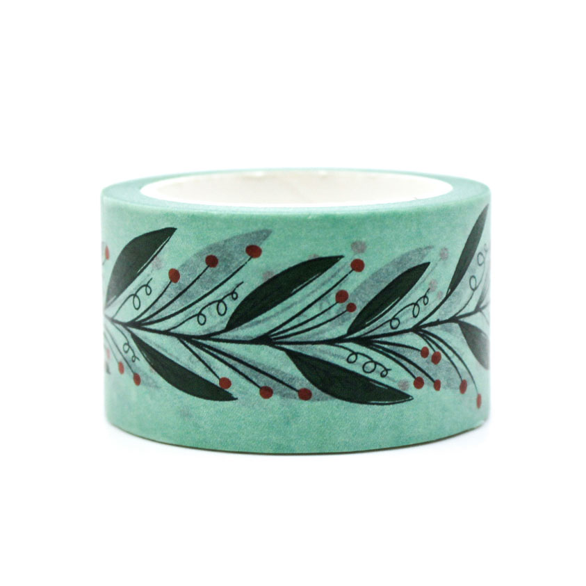 Decorative wide green holiday washi tape with mistletoe design
