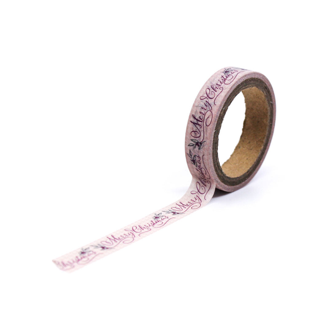 Festive Christmas journaling washi tape with elegant script lettering and botanical details.