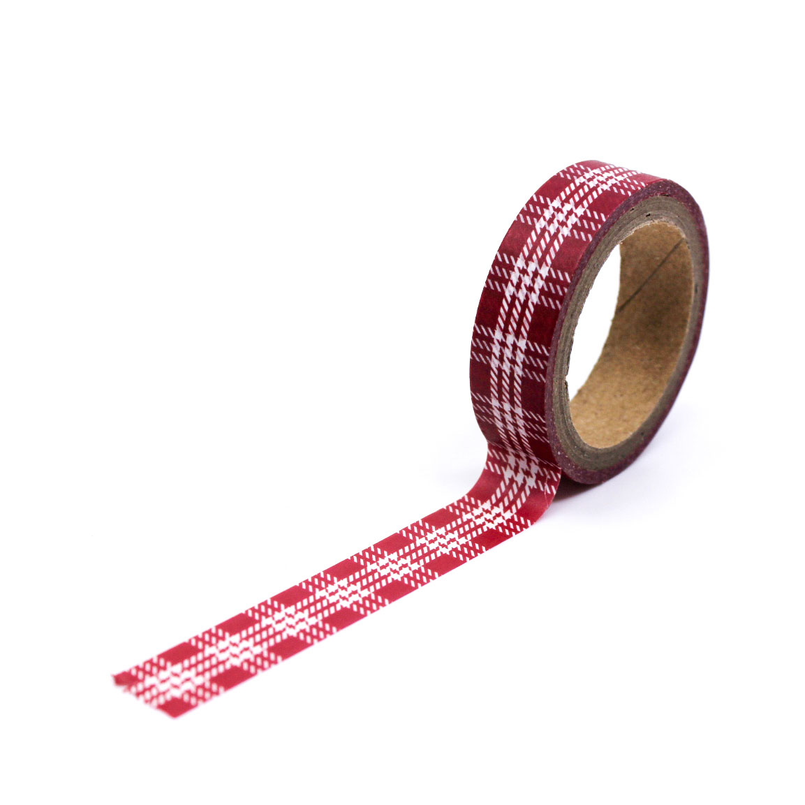 Red checkered washi tape strip laid out on white paper.