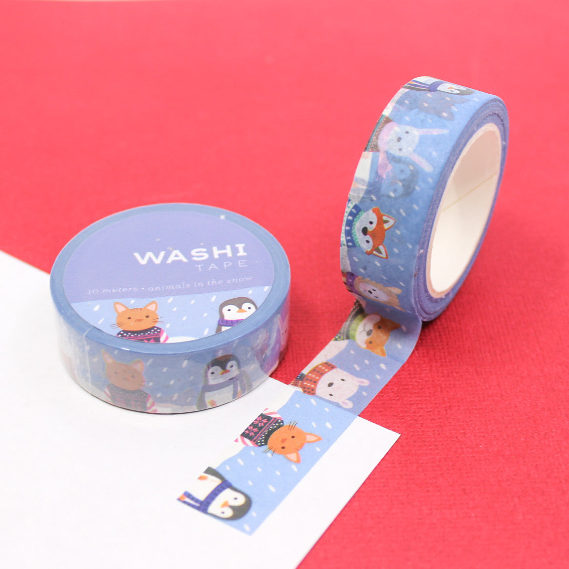 Christmas Snow Animals Washi Tape featuring cute animals in colorful sweaters playing in the snow. Perfect for holiday crafts, planners, scrapbooking, and festive gift wrapping.