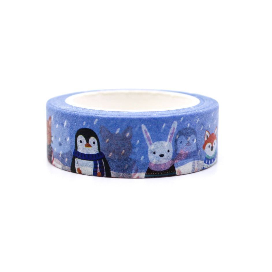 Christmas Snow Animals Washi Tape featuring cute animals in colorful sweaters playing in the snow. Perfect for holiday crafts, planners, scrapbooking, and festive gift wrapping.