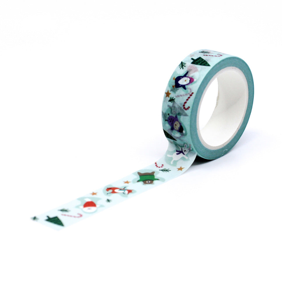 Winter Snow Angels Animals Washi Tape featuring cute woodland animals making snow angels in the snow. Ideal for winter and holiday crafts, planners, scrapbooking, and festive gift wrapping.