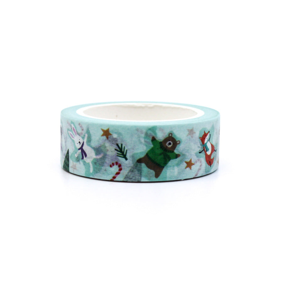 Winter Snow Angels Animals Washi Tape featuring cute woodland animals making snow angels in the snow. Ideal for winter and holiday crafts, planners, scrapbooking, and festive gift wrapping.