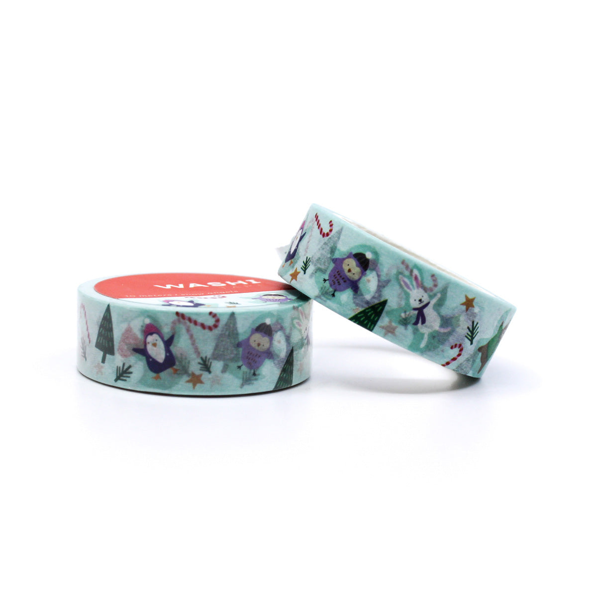Winter Snow Angels Animals Washi Tape featuring cute woodland animals making snow angels in the snow. Ideal for winter and holiday crafts, planners, scrapbooking, and festive gift wrapping.