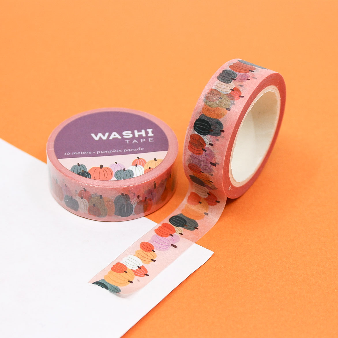 Colorful Pumpkins Washi Tape with a variety of patterned pumpkins in different colors, ideal for fall-themed crafts, journaling, and scrapbooking.
