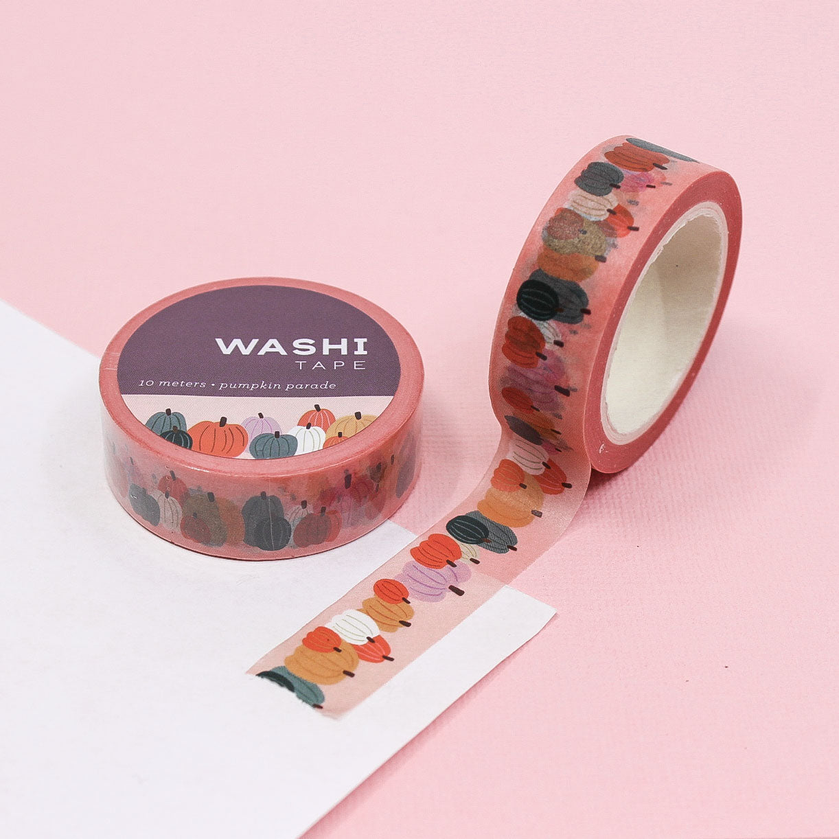 Colorful Pumpkins Washi Tape with a variety of patterned pumpkins in different colors, ideal for fall-themed crafts, journaling, and scrapbooking.