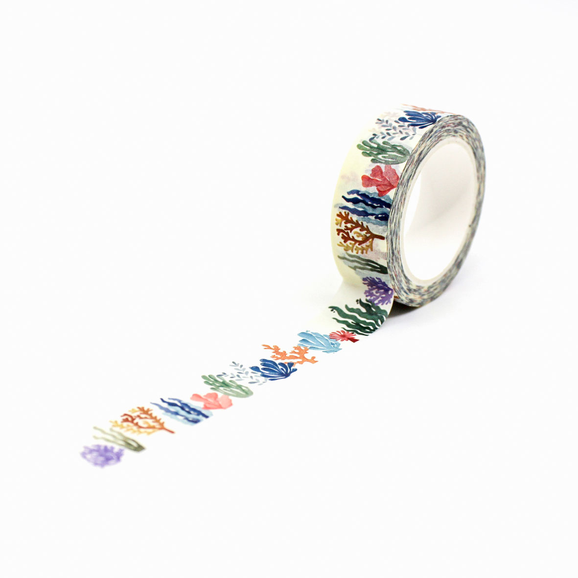 Colorful coral reef washi tape featuring a vibrant pattern of coral in shades of orange, pink, blue, and purple, perfect for decorating journals, planners, and craft projects.