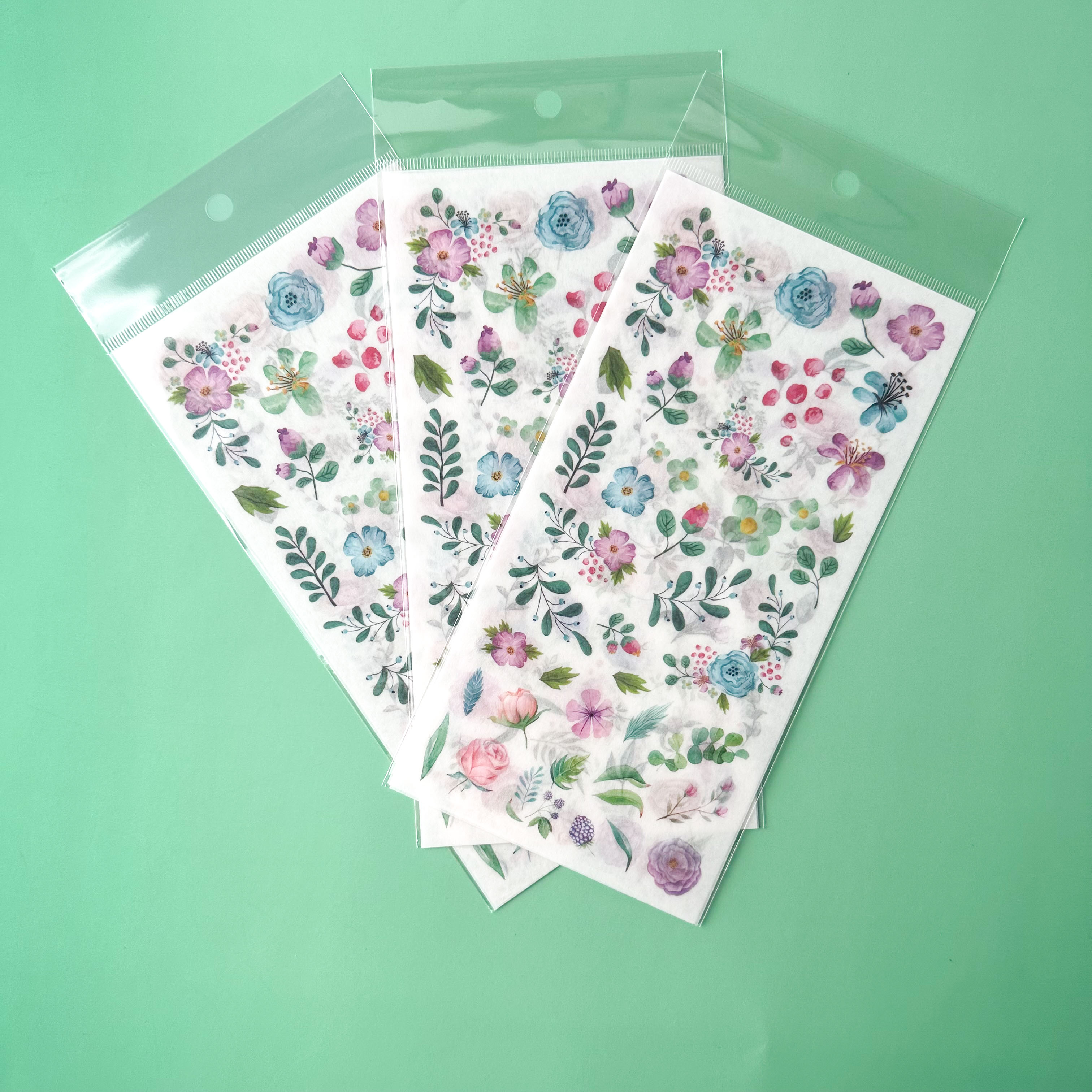 Floral and leaf patterned stickers for your journal in clear plastic packaging on a green background
