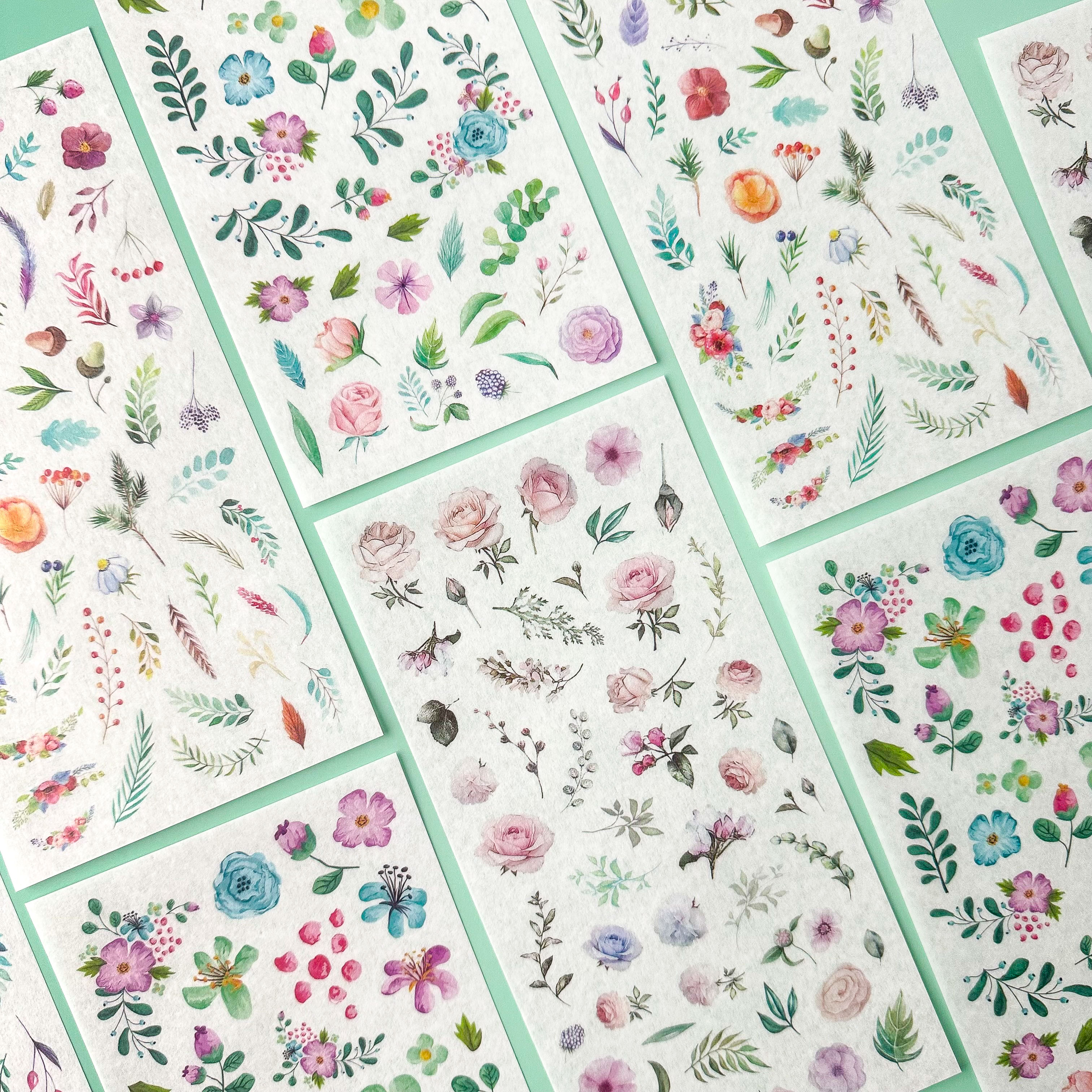 Collection of floral sticker sheets with unique botanical designs on a light green background.