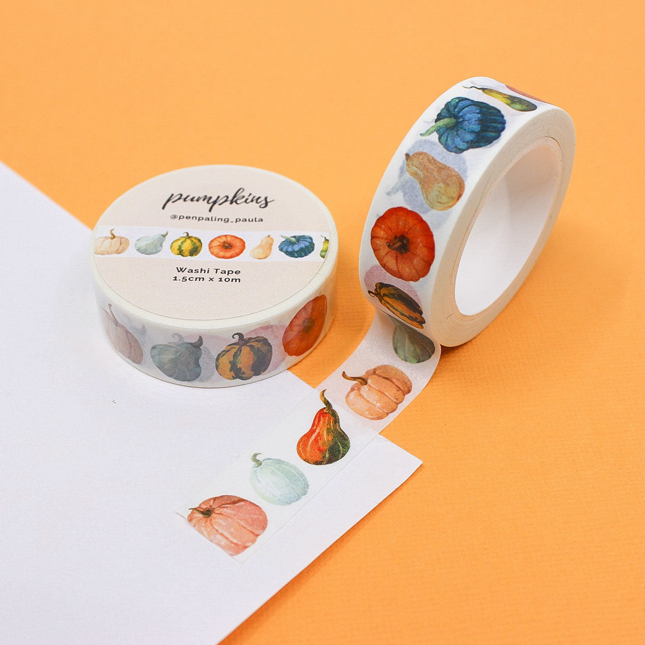 Washi tape featuring colorful pumpkins and gourds in warm autumn tones, perfect for adding a festive fall touch to your planners and crafts.