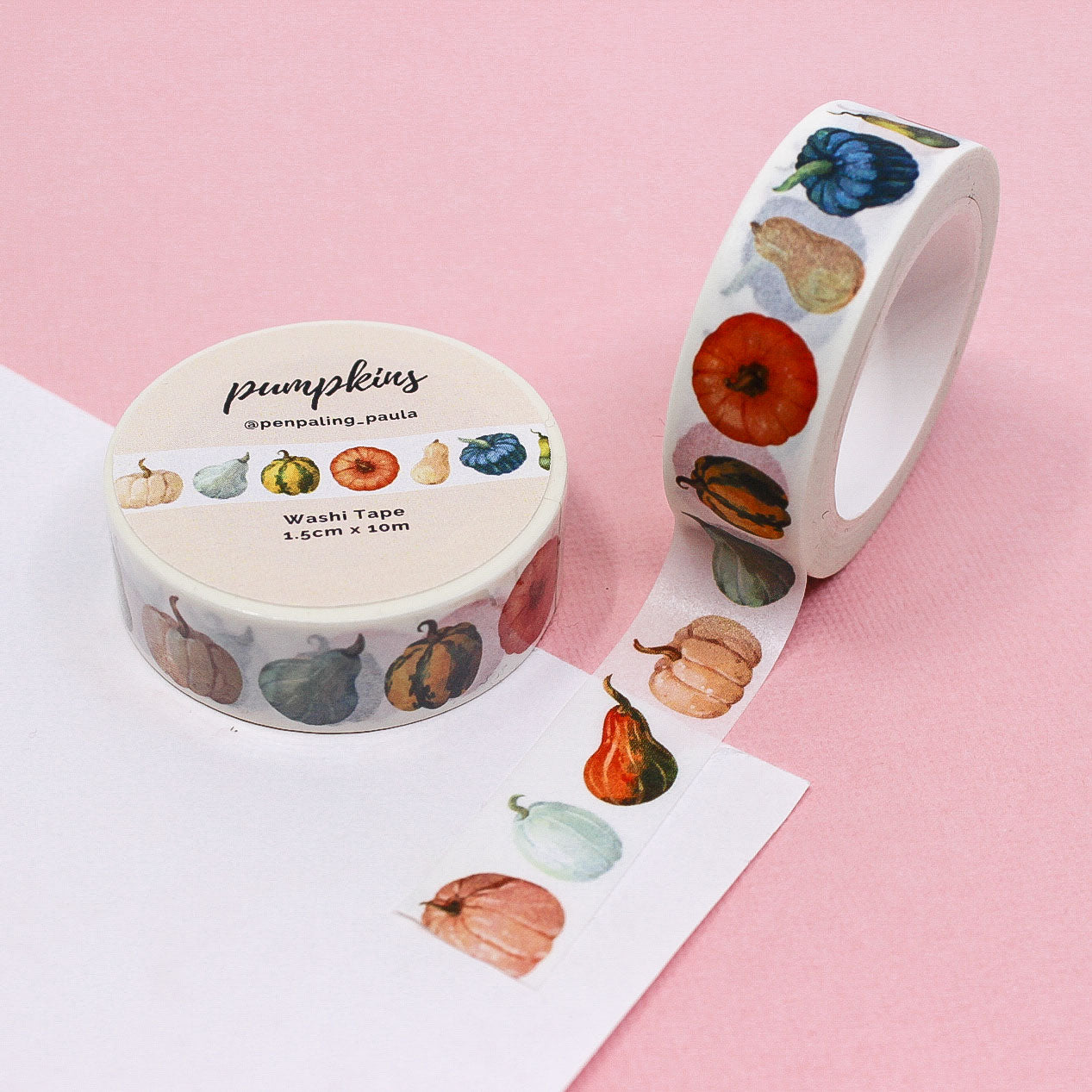 Washi tape featuring colorful pumpkins and gourds in warm autumn tones, perfect for adding a festive fall touch to your planners and crafts.
