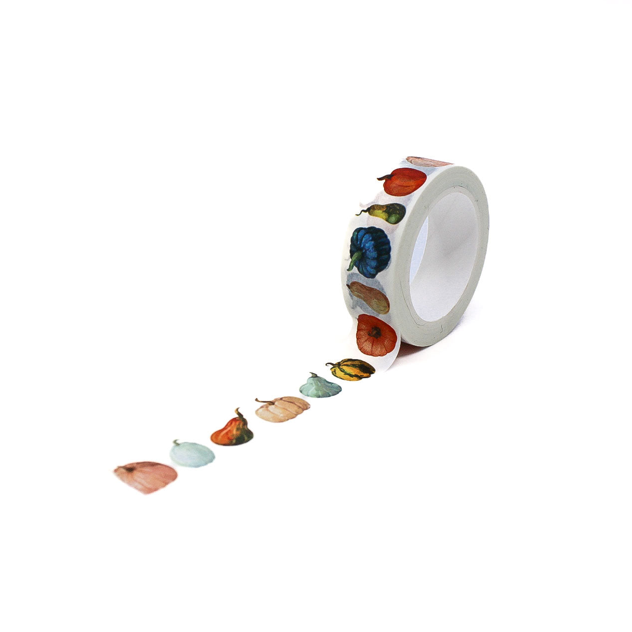 Washi tape featuring colorful pumpkins and gourds in warm autumn tones, perfect for adding a festive fall touch to your planners and crafts.