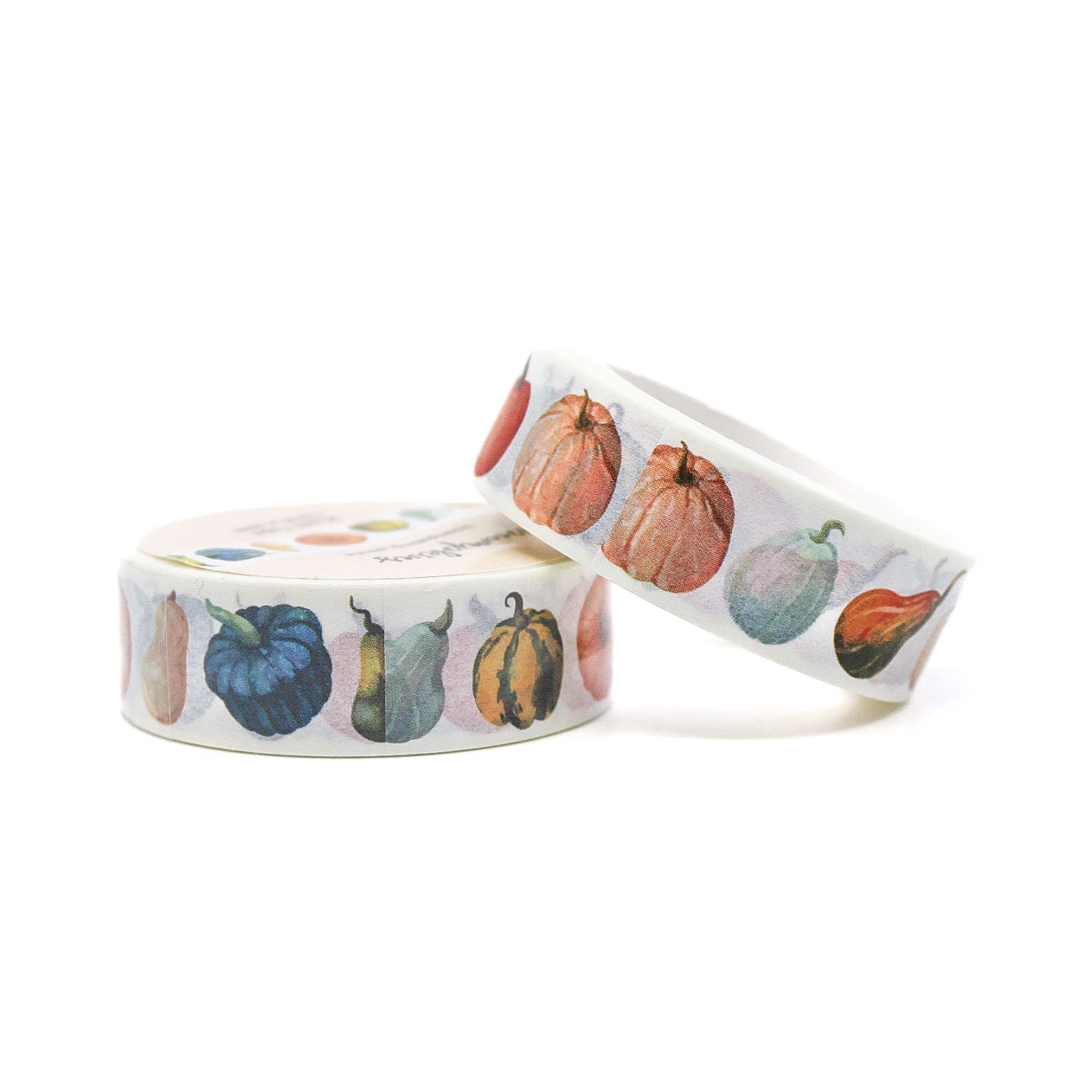Washi tape featuring colorful pumpkins and gourds in warm autumn tones, perfect for adding a festive fall touch to your planners and crafts.
